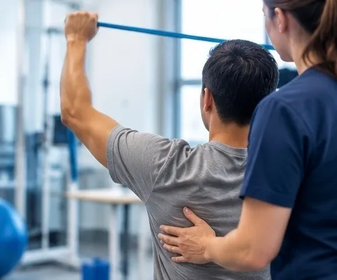 Therapist guiding a man through a shoulder exercise with a resistance band
