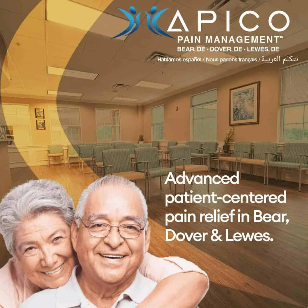APICO Pain Management promotional graphic highlighting a welcoming, spacious waiting room with comfortable seating and warm lighting. The design emphasizes advanced, patient-centered pain relief services offered in Bear, Dover, and Lewes, Delaware, with the APICO Pain Management logo and tagline prominently displayed.