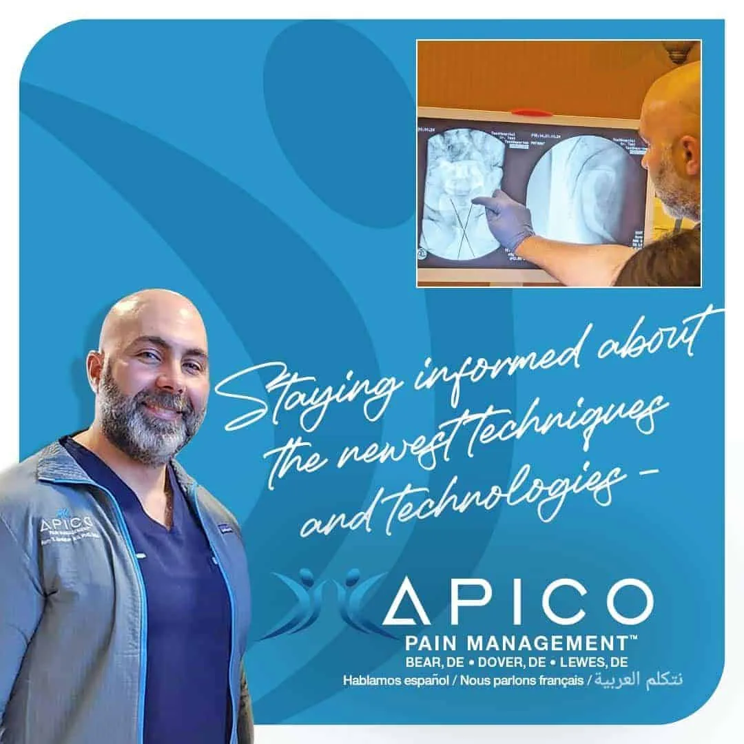 Each new day at APICO Pain Management provides another opportunity to make a real difference in people's lives - this is an image of Dr. Abdallah with text reading, "Staying informed about the newest techniques and technologies."