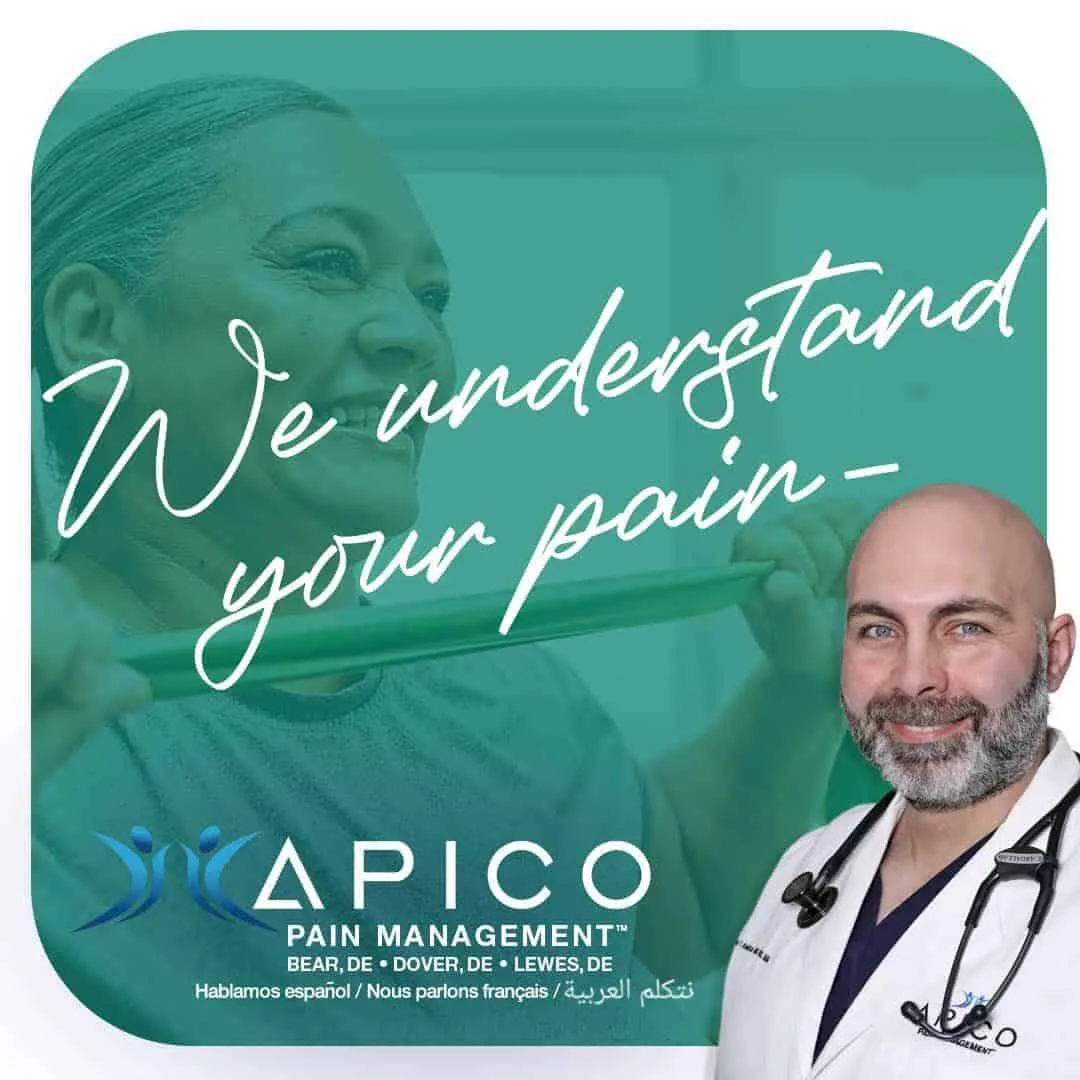 Image of Dr. Abdallah with text reading, "we understand your pain" in regard to the compassion offered at his Delaware pain management offices in Bear, Dover, and Lewes.