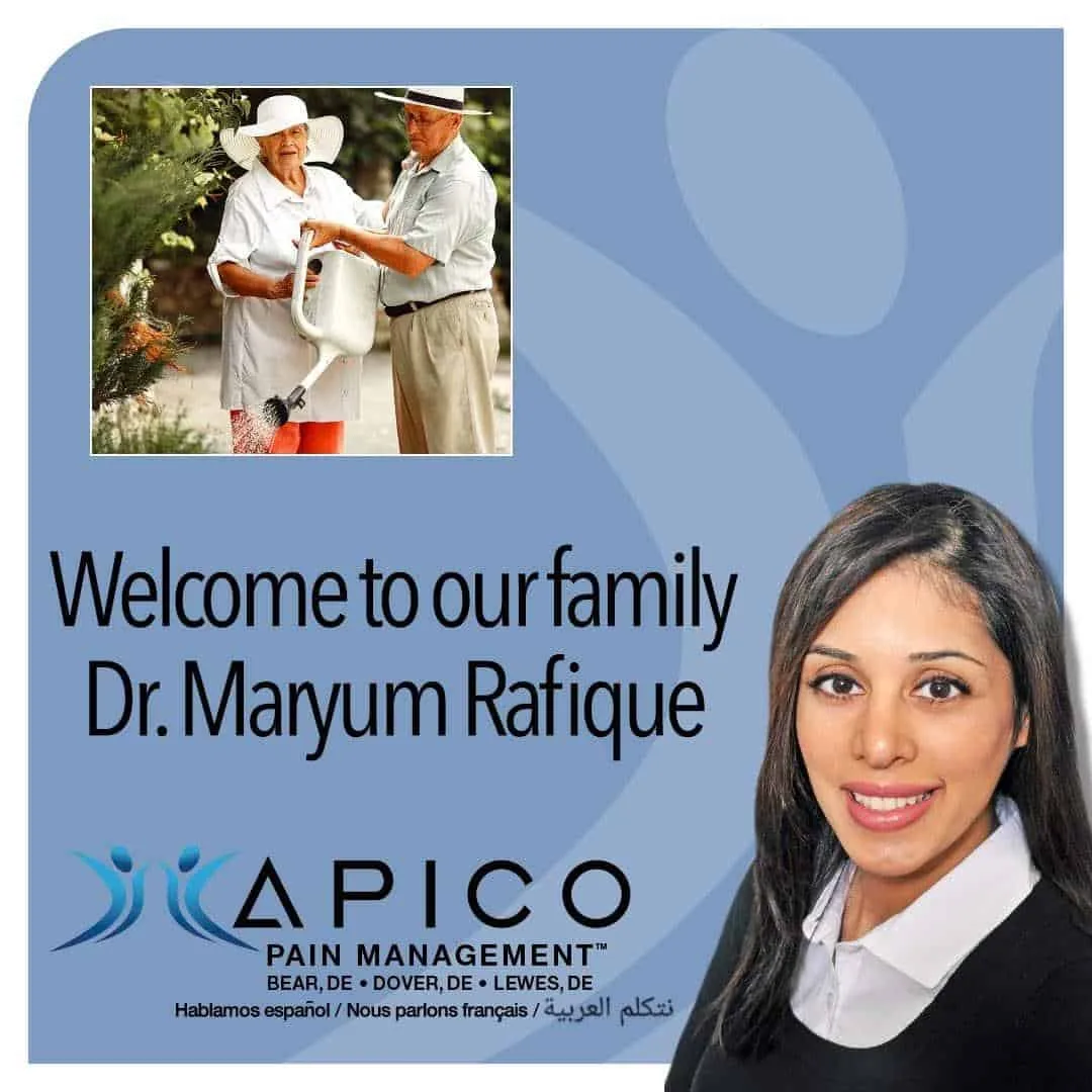 Image of Dr. Maryum Rafique at her new office in Bear, DE with text reading, "Welcome to our family Dr .Rafique" and a couple gardening in the background.