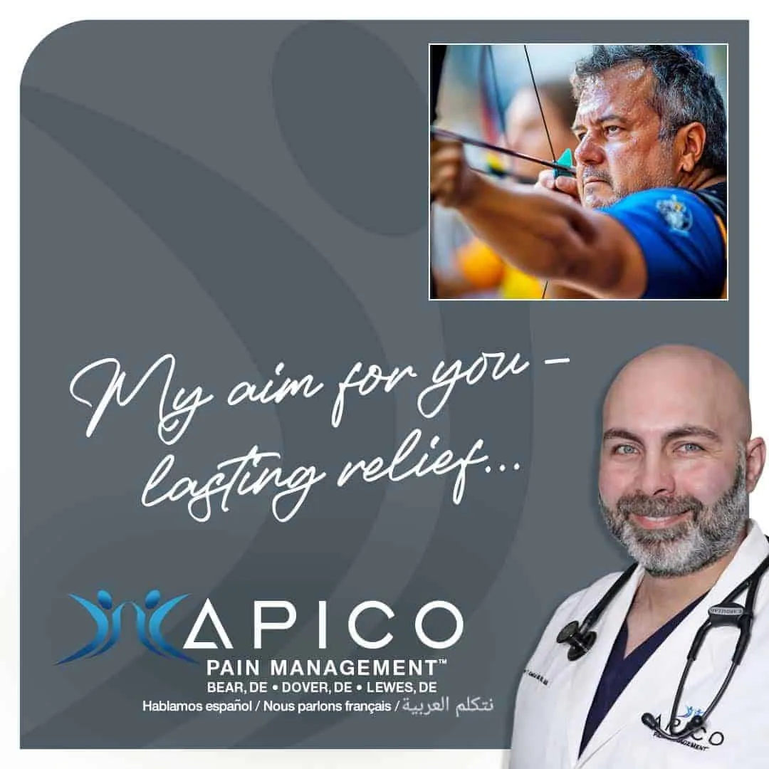 Image of Dr. Abdallah taken at his Dover, DE office with an image of an archer in the background, with text reading: "My aim for you - lasting relief."