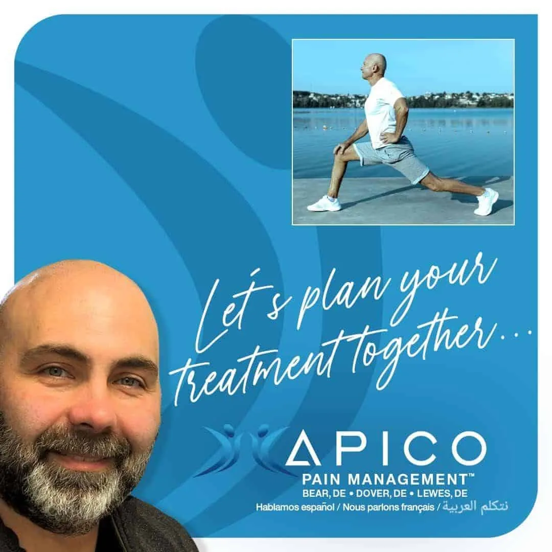 Image of Dr. Abdallah, and text reading, "Let's plan your treatment together..." taken at his Lewes, DE pain management office, with an image in the background of a patient stretching his legs before running.
