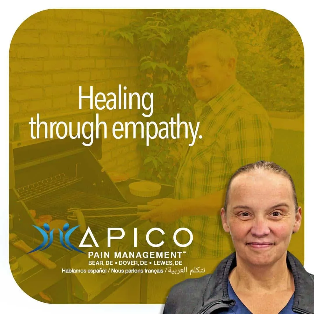 Image of APICO staff member with text reading "Healing through empathy" as it relates to how Dr. Abdallah treats his pain patients at his offices located in Delaware.