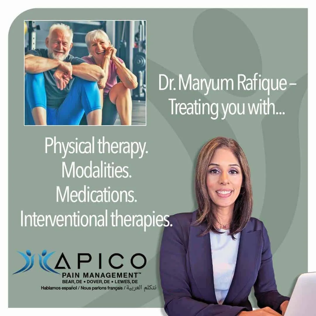 Image of Dr. Maryum Rafique with text reading "Dr. Maryum Rafique - Treating you with...physical therapy, modalities, medications, interventional therapies, with patients exercising in the background who are no longer experiencing symptoms of pain.