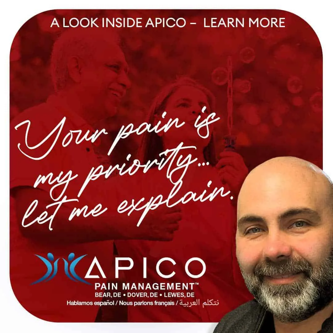 Image of Dr. Abdallah, pain management specialist with offices in Bear, Dover, and Lewes, DE and text reading, "Your pain is my priority...let me explain."