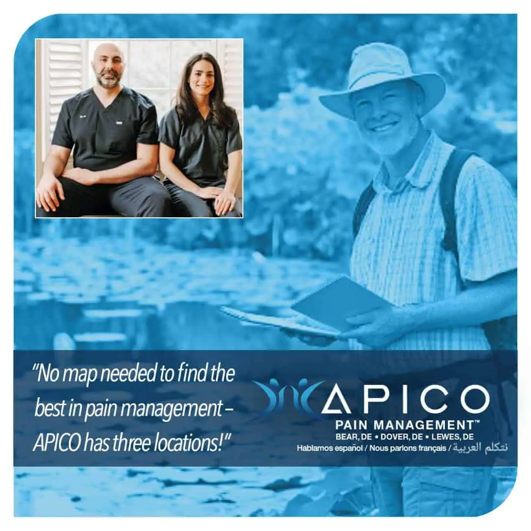 Image of Dr. Abdallah and Erica at an office closer than you think, with text reading "No map needed to find the best in pain management - APICO has three offices"