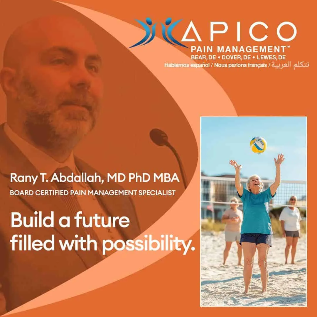 Dr. Rany T. Abdallah speaking at a podium, paired with a joyful older woman playing beach volleyball. The message reads, 'Build a future filled with possibility.' The image promotes APICO Pain Management with locations in Bear, Dover, and Lewes, DE.
