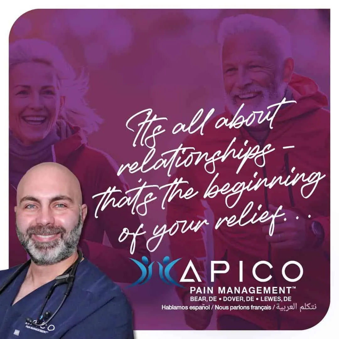 Image of Rany T. Abdallah, MD PhD MBA with a stethoscope around his neck, taken at one of his Delaware pain management offices, and text reading: "It's all about relationships - that's the beginning of your relief."