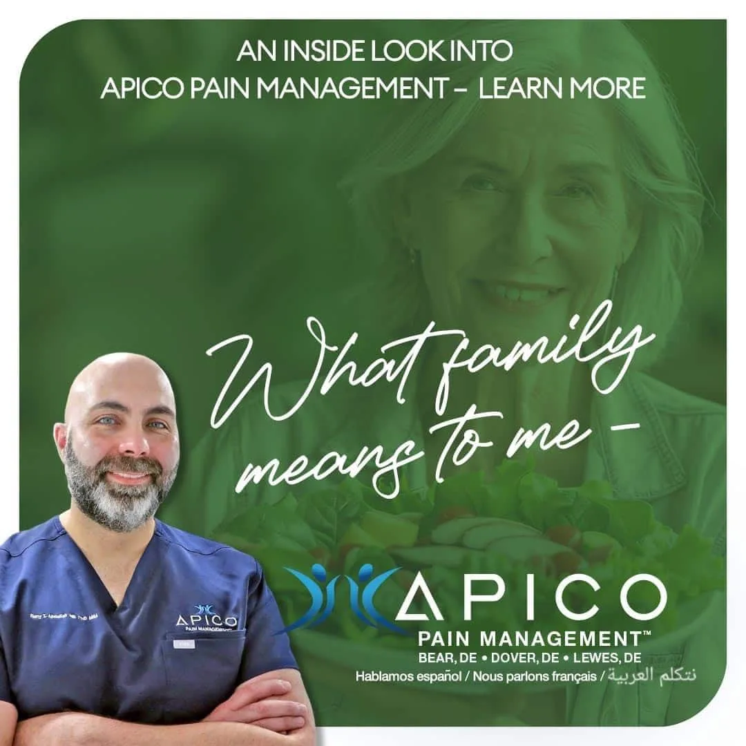 Taken at his Bear, DE pain management office, Dr. Abdallah smiles with this arms crossed in the foreground, and text reads: "What family means to me" with an image of a woman smiling showing through the background.