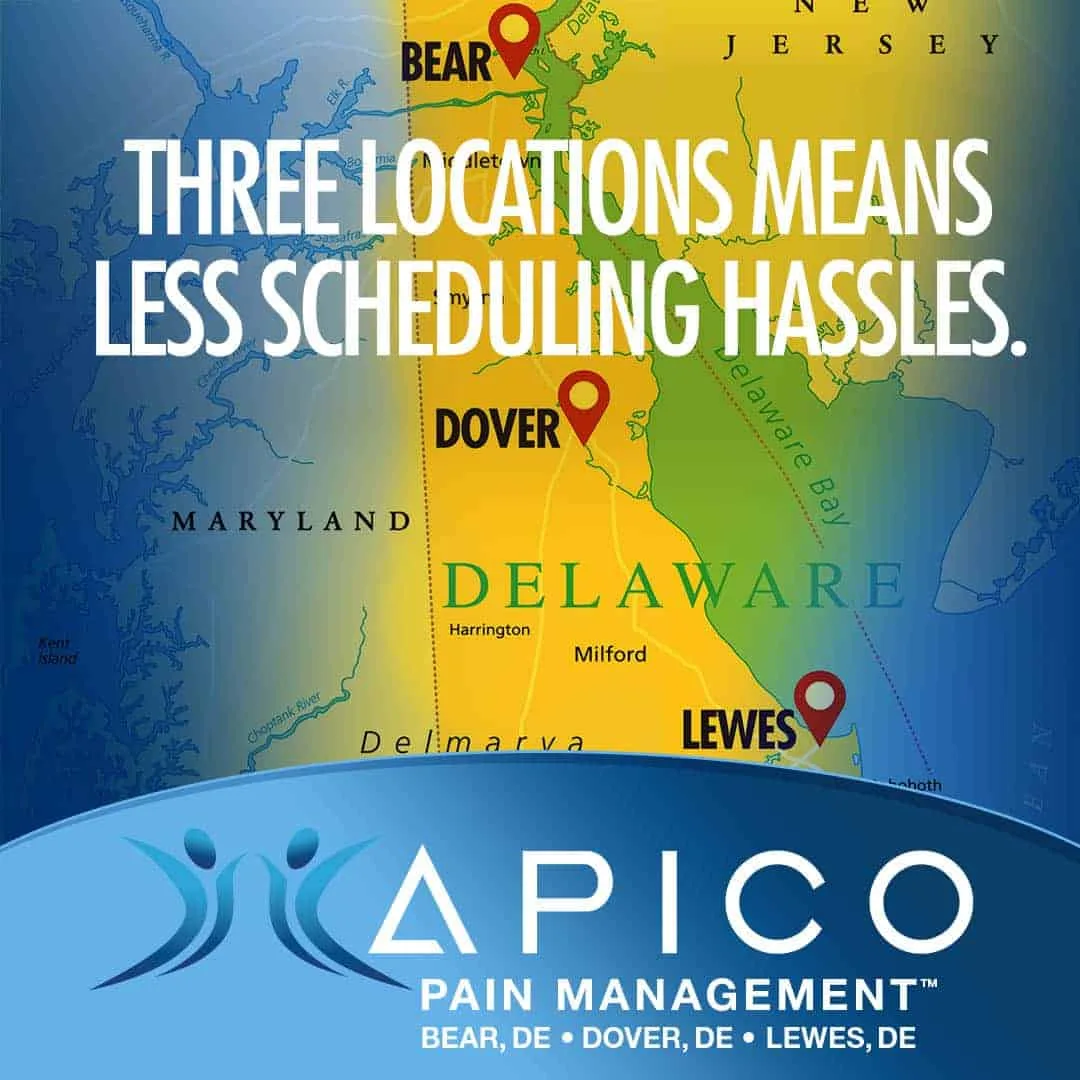 Image of a map of Delaware with text stating that we have locations in Bear, DE; Dover, DE; and in Lewes, DE.