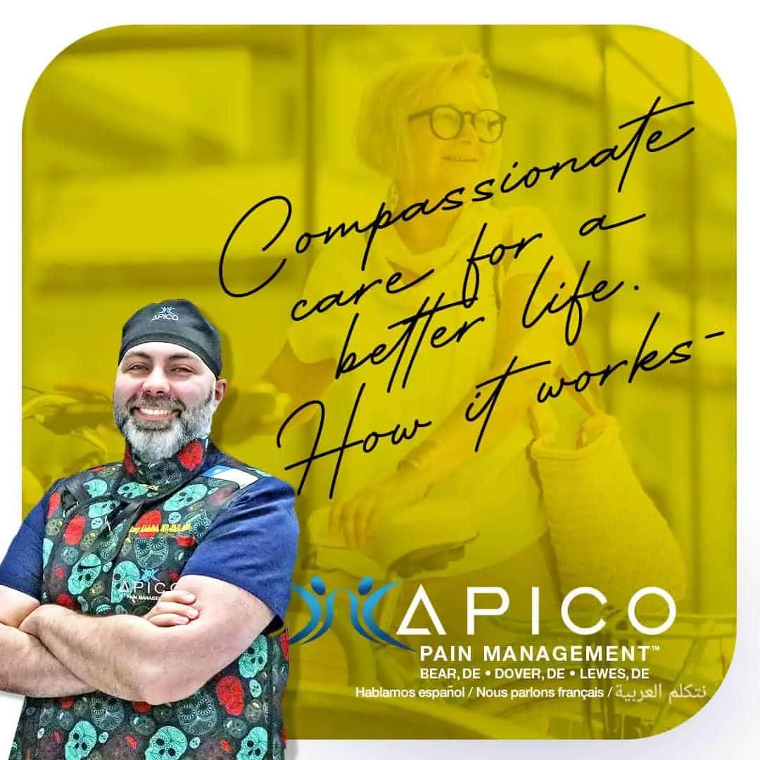 Image of Dr. Abdallah with text reading, "Compassionate care for a better life - how it works." in regard to his pain management offices located in Bear, Dover, and Lewes, DE.