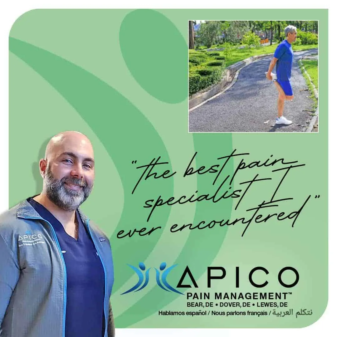 Image of Dr. Abdallah and text reading, "The best pain specialist I've eve seen" with a patient stretching in the background, in front of APICO's Lewes, DE office.