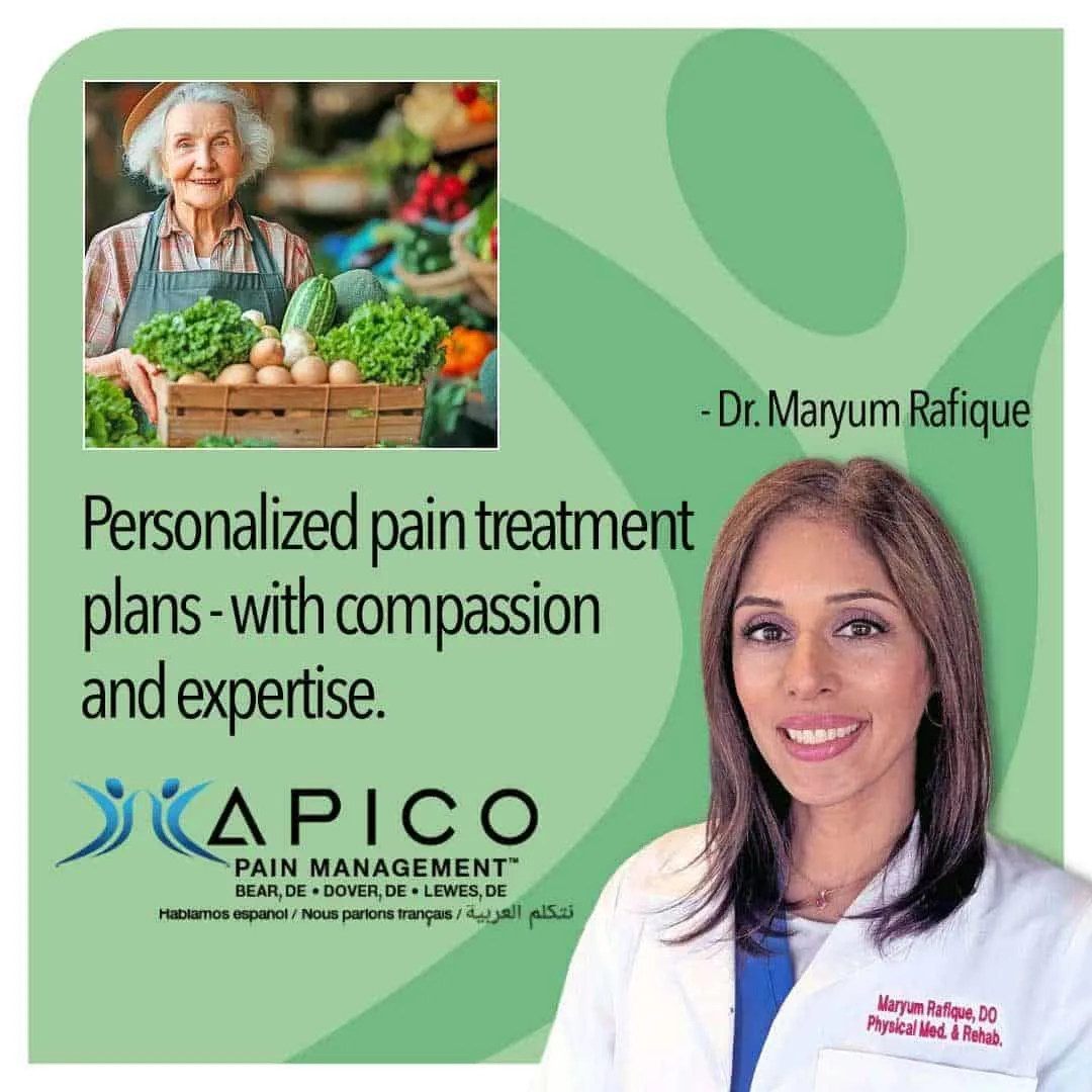 Offering a perfect balance of medical expertise and compassionate care, this image of Dr. Rafique and text reads, "Personalized pain treatment plans- with compassion and expertise."