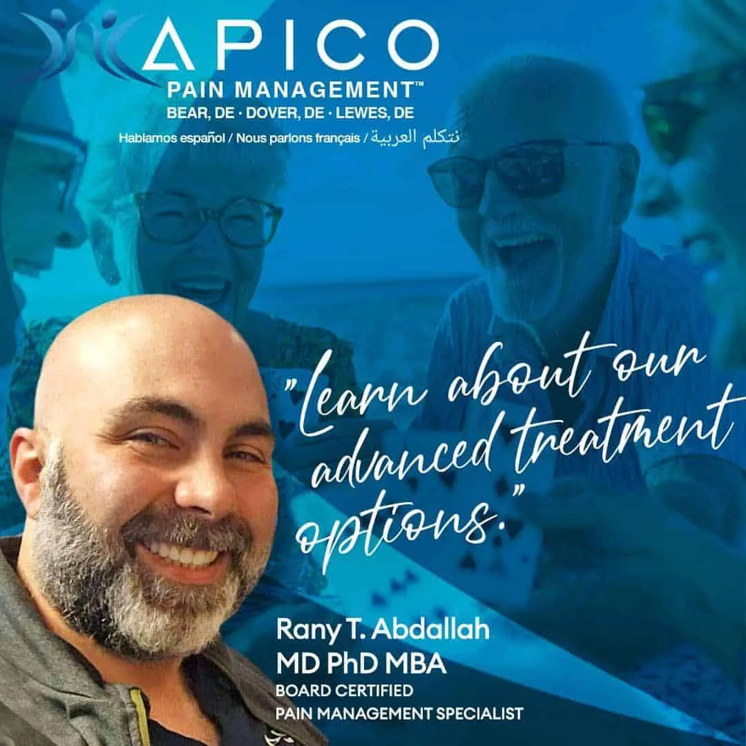 Dr. Rany T. Abdallah, smiling warmly in the foreground, promotes advanced, non-surgical pain management treatments at APICO Pain Management, with clinic locations in Bear, Dover, and Lewes, Delaware. In the background, joyful older adults enjoy socializing at the beach, symbolizing improved quality of life and mobility through personalized care. Optimized for keywords: advanced pain treatment options, Delaware pain management, back pain relief specialist.