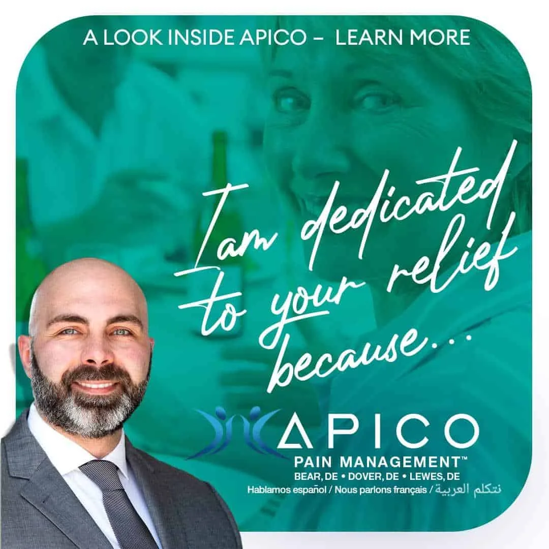 Image of Rany T. Abdallah, MD PhD MBA smiling, with text reading "I am dedicated ot your relief because..." referring to why he opened three pain management offices in Bear, Dover, and Lewes, DE