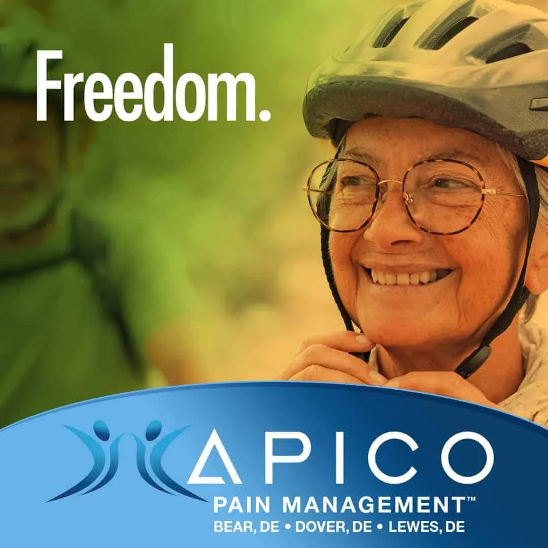 Picture of a woman smiling, riding a bike, free from head pain.