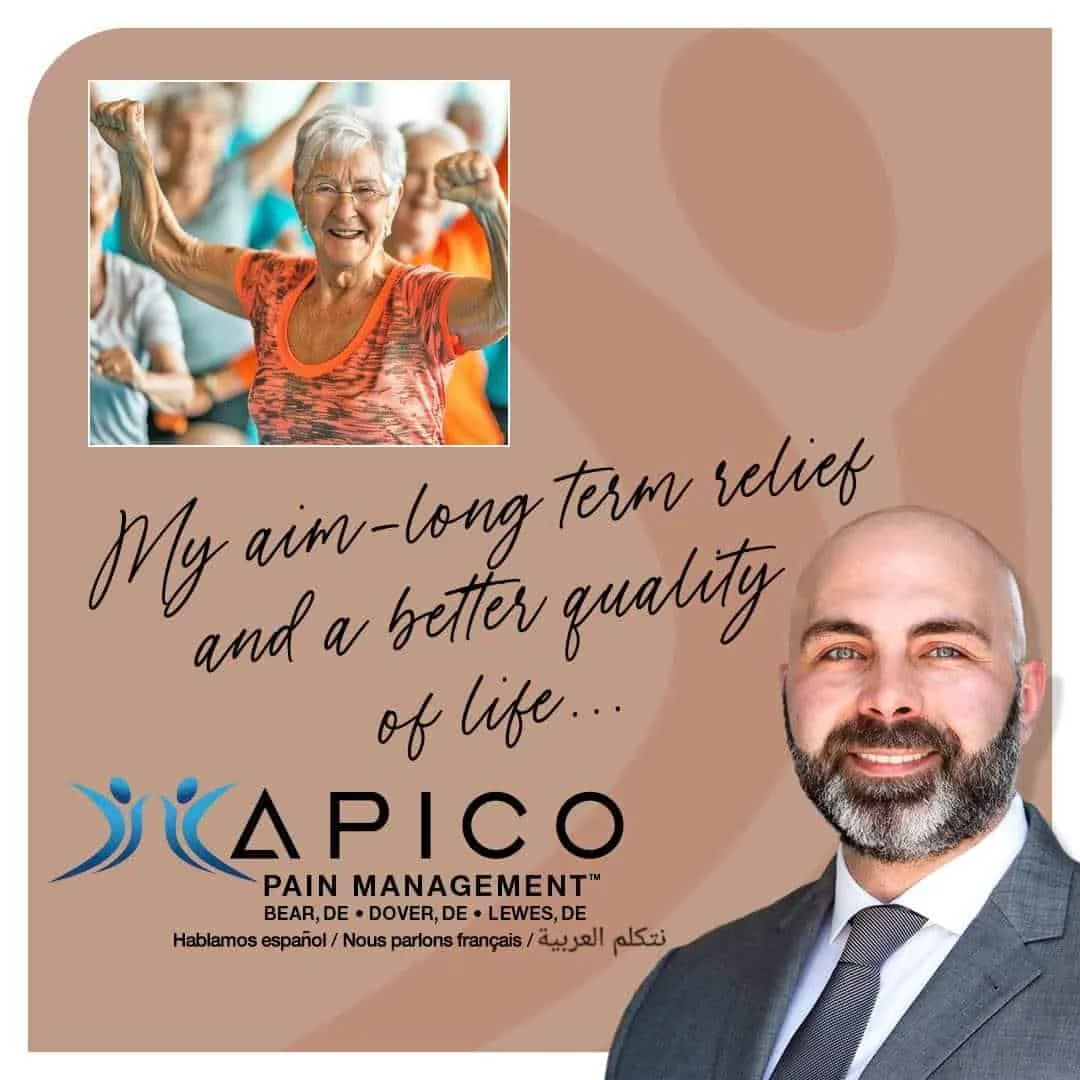 Image of Dr. Rany Abdallah and text reading, "My aim - long term relief and a better quality of life" with an image of a patient of Dr. Maryum Rafique, D.O.'s patient dancing in the background.