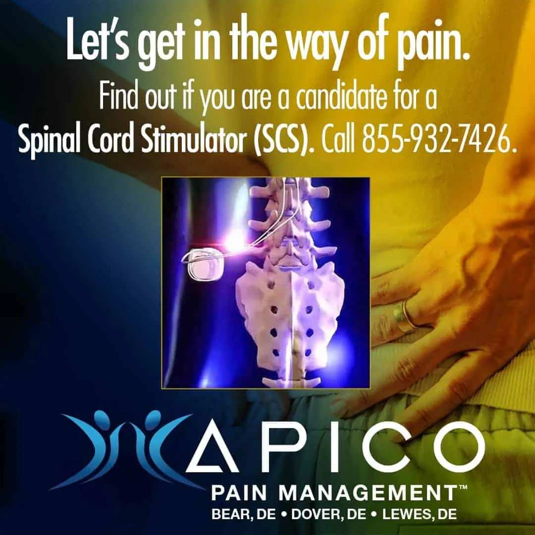 Photo of a spine, spinal cord stimulator, and a man holding his back.