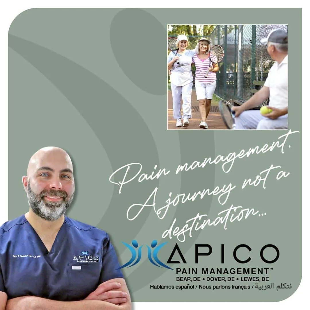 Image of Dr. Abdallah at his Lewes, DE office with text reading "Pain Management A Journey Not a Destination."