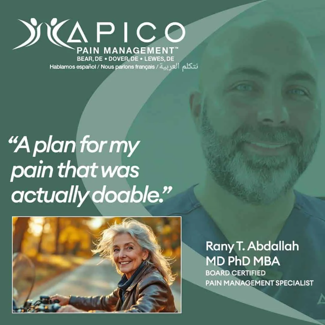 image for APICO Pain Management featuring Dr. Rany T. Abdallah smiling, with the quote 'A plan for my pain that was actually doable.' A smaller photo shows a joyful older woman riding a bike, symbolizing renewed freedom and mobility through effective pain care.