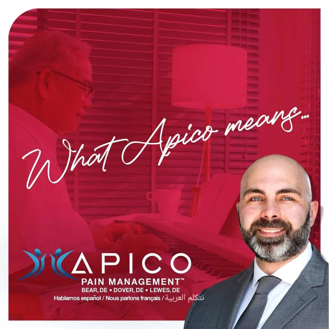 Image of D. Abdallah with text reading, What APICO Means taken at his Bear, DE pain management office.