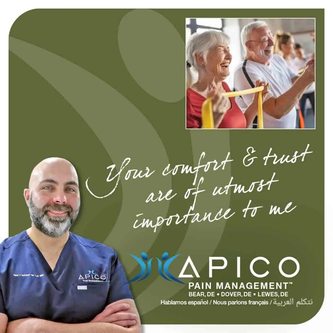 Image of Dr. Abdallah with text, "Your comfort and trust are of utmost importance to me." with patients exercising in the background.