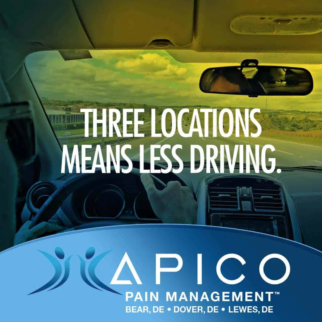 Image of a steering wheel and text stating Three Locations Means Less Driving with out three pain management offices in Delaware.