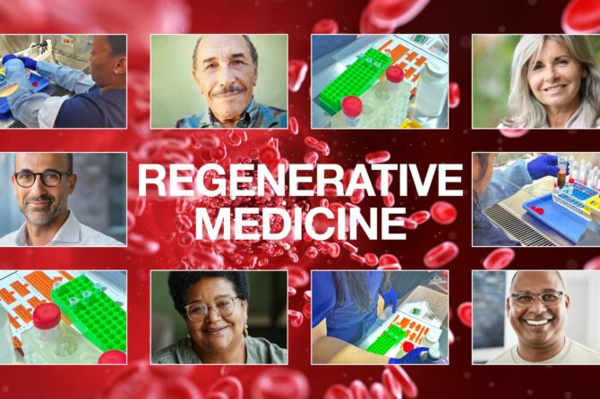 Regenerative medicine photo with people and background of blood cells. Apico Delaware pain management doctors